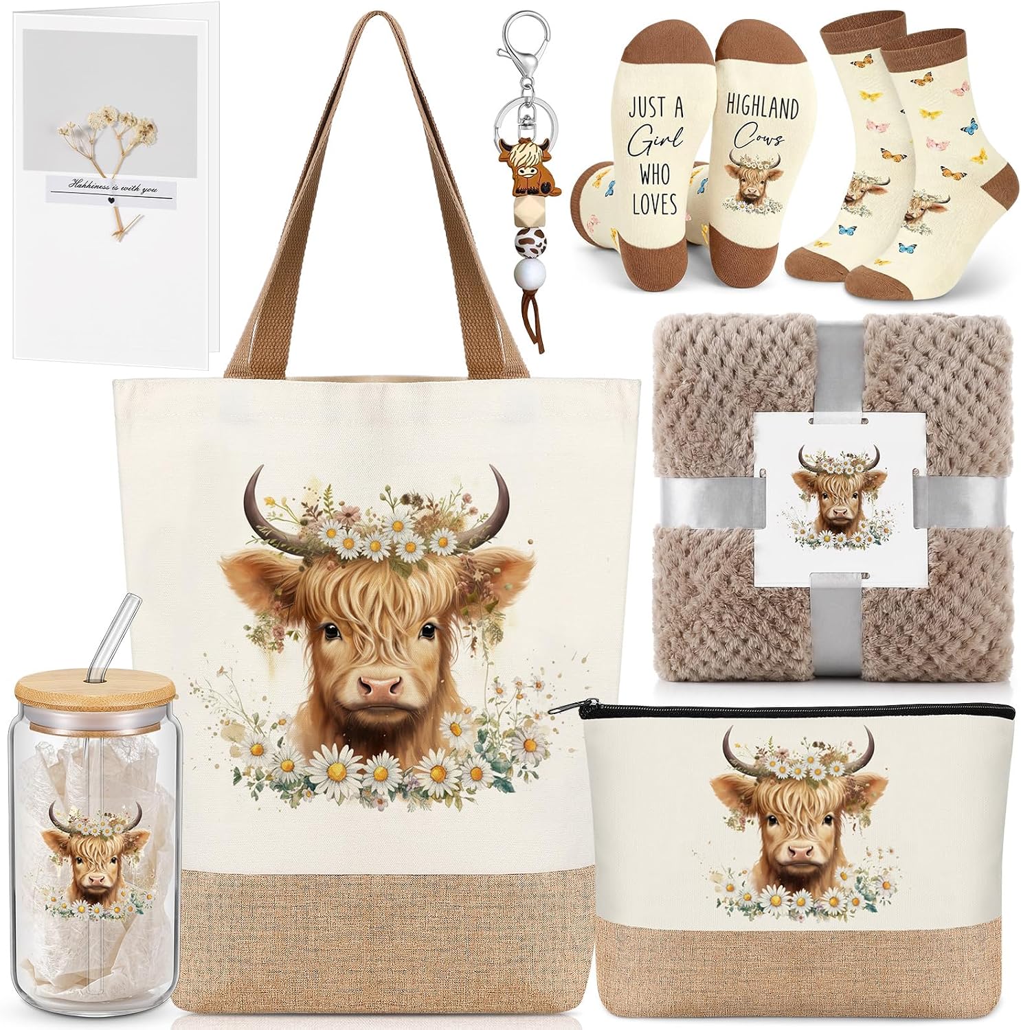 Mifoci 7 Pcs Gifts for Women Include 17 oz Glass Cup Flannel Blanket Cosmetic Bag Tote Bag Socks Keychain Greeting Card Gift, White, Brown, Khaki