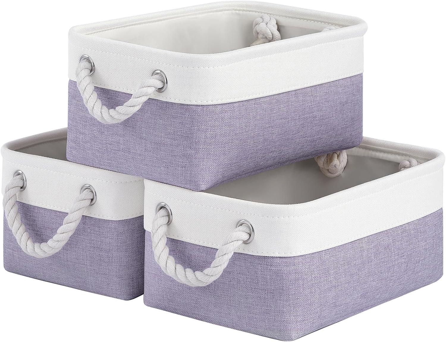 Storage Baskets for Shelves 11.8x7.9x5.2 Inch, Foldable Fabric Storage Bins with Handles, Small Storage Baskets for Organizing Closet, Office, Home Organization (3-Pack, White&Purple)