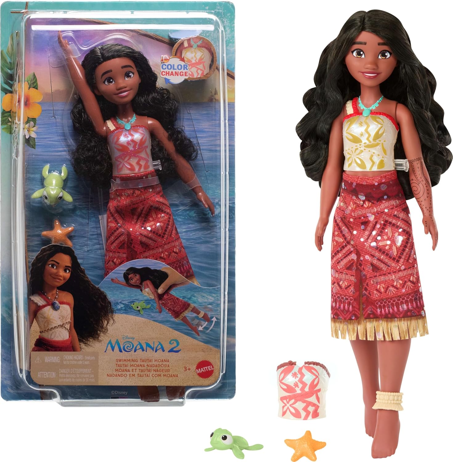 Disney Princess Moana 2 Toys, Swimming Tautai Moana Fashion Doll with 2 Accessories, Color-Change Bodice & Kicking Legs, Inspired by the Movie