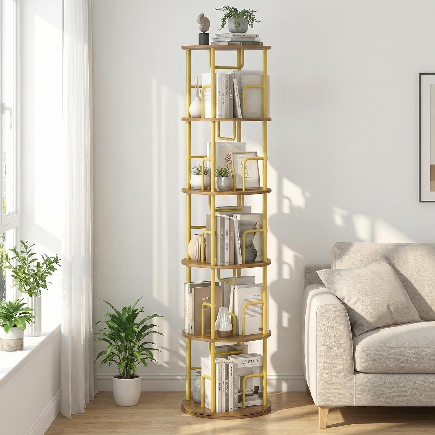Advwin 5 Tier Rotating Bookshelf Round Corner Standing Display Shelf Organizer, CD Storage Rack for Small Space Living Room Office Kids Furniture, Gold