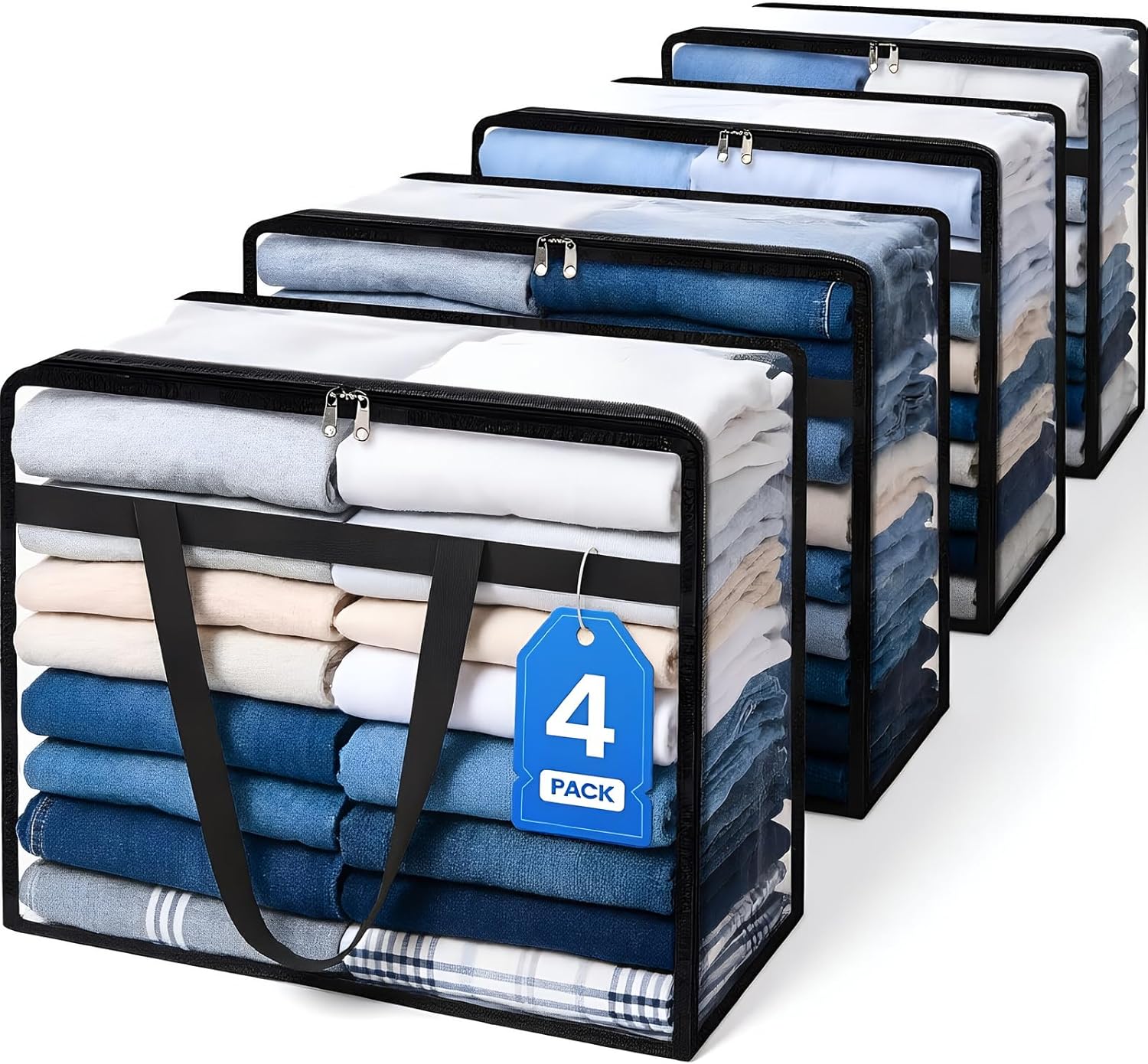 4 Pack Clear Clothes Storage Bags, Moving Bags, 40L Foldable Blanket Storage Boxes Under Bed Storage Containers with Sturdy Zipper and Handle for Clothing, Sheet, Comforter, Bedding