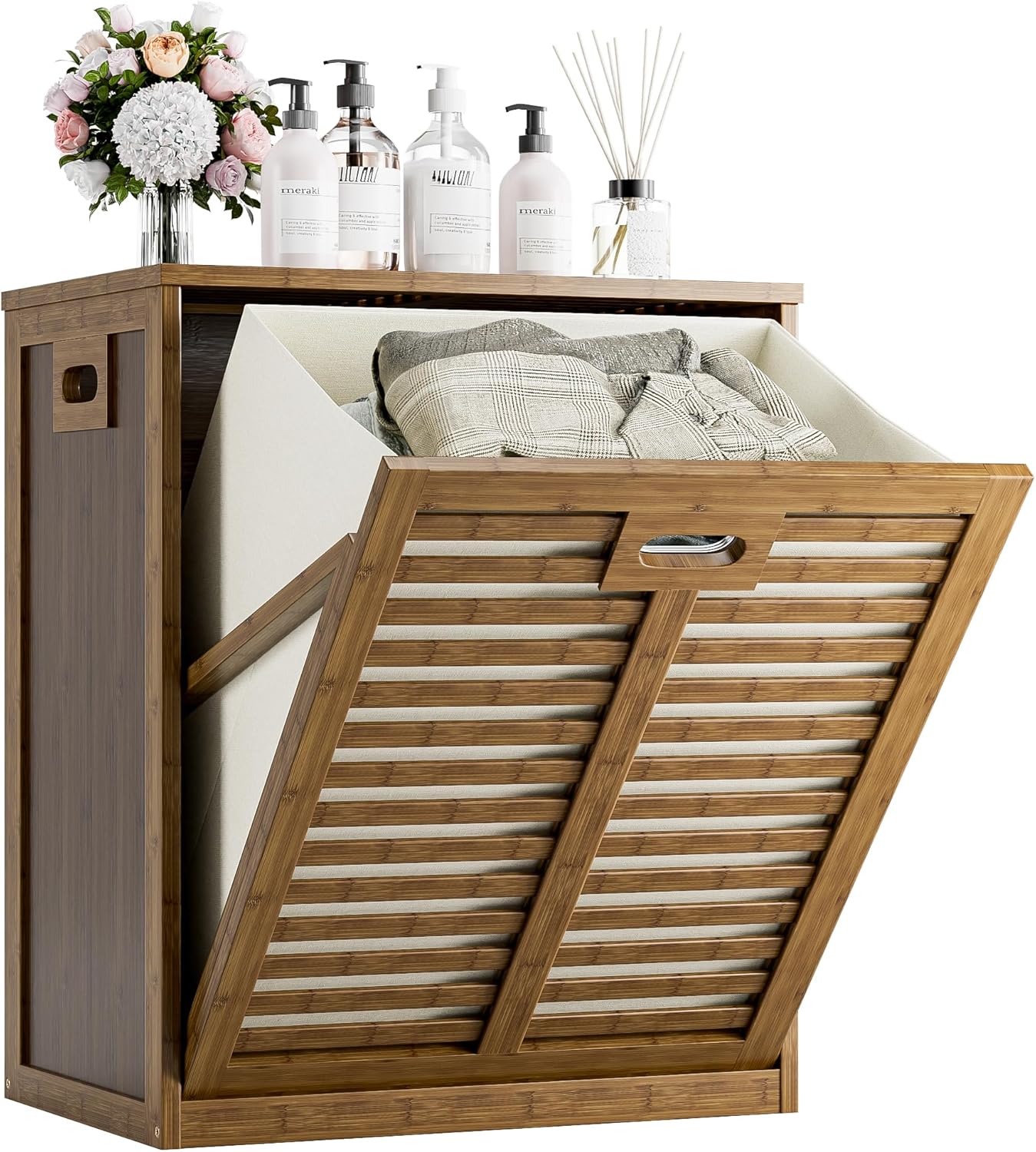 HITNET Tilt Out Laundry Hamper, Bamboo Laundry Basket Cabinet with Removable Fabric Bin, Freestanding Storage Organizer for Bathroom, Living Room