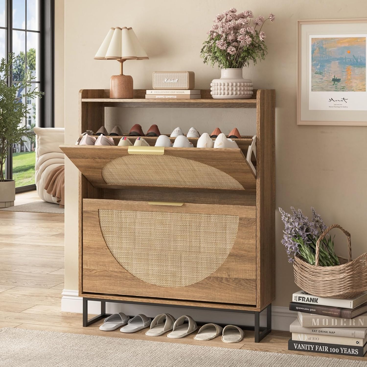 Rattan Shoe Storage Cabinet with 2 Flip Drawers, Freestanding Narrow Entryway Shoe Rack with Metal Legs and Hidden Golden Handles