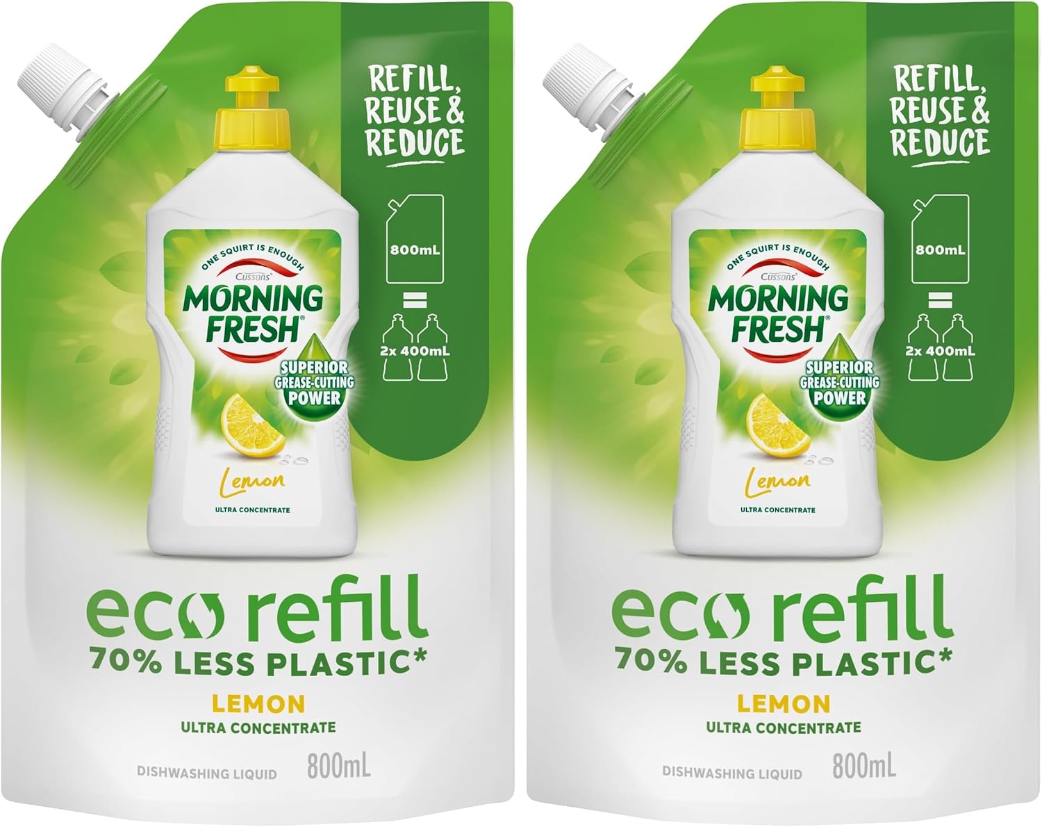 Morning Fresh Lemon Refill Dishwashing Liquid 800 milliliters 70 percent less plastic (Pack of 2)