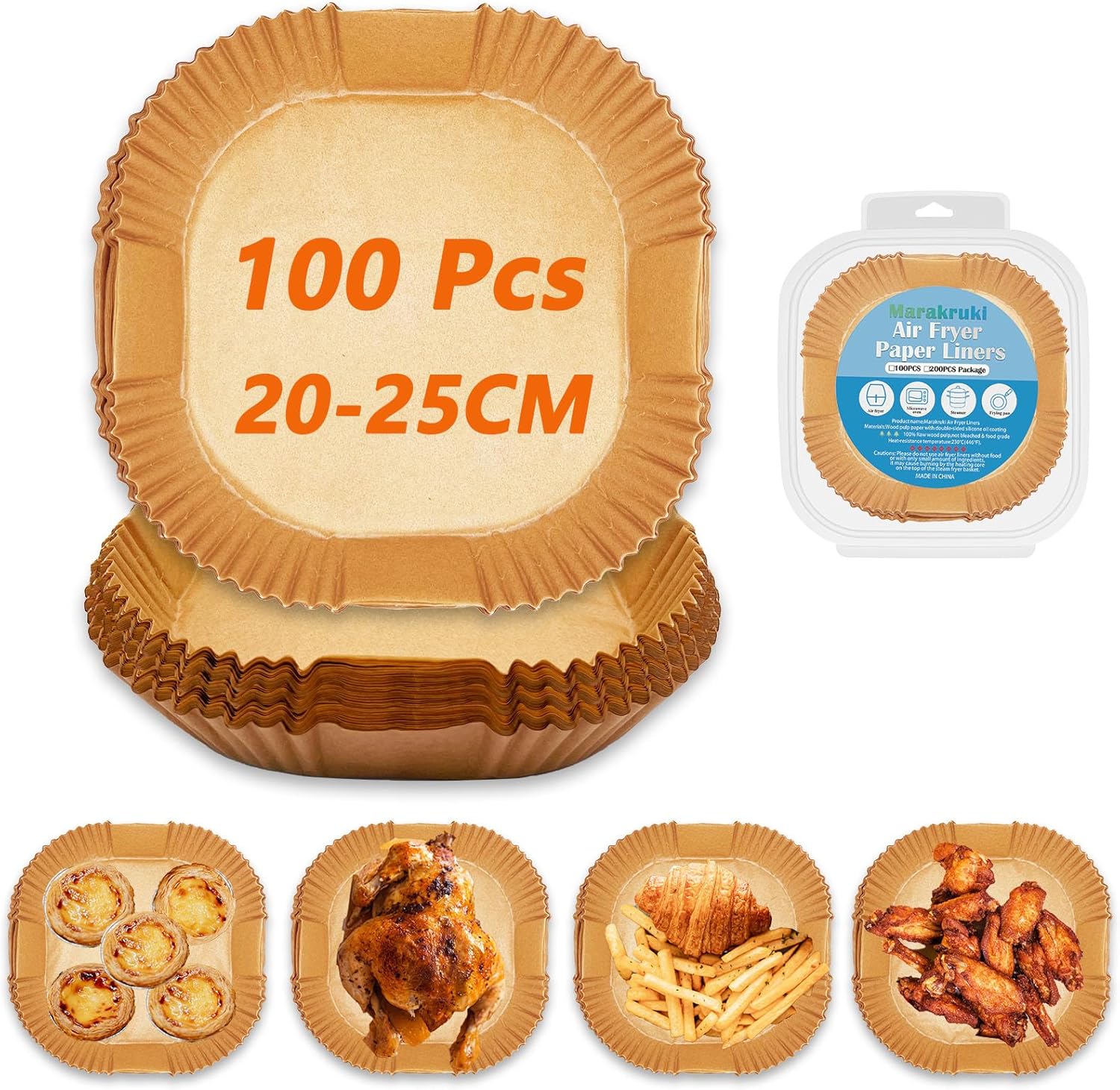 Air Fryer Liners, 100pcs Air Fryer Liners Square-9.8inch/25CM*4.5CM, Non-Stick Air Fryer Parchment Liners, Disposable Paper Liner for 5.5L-8L Air Fryer (Square-25cm-100Pcs)