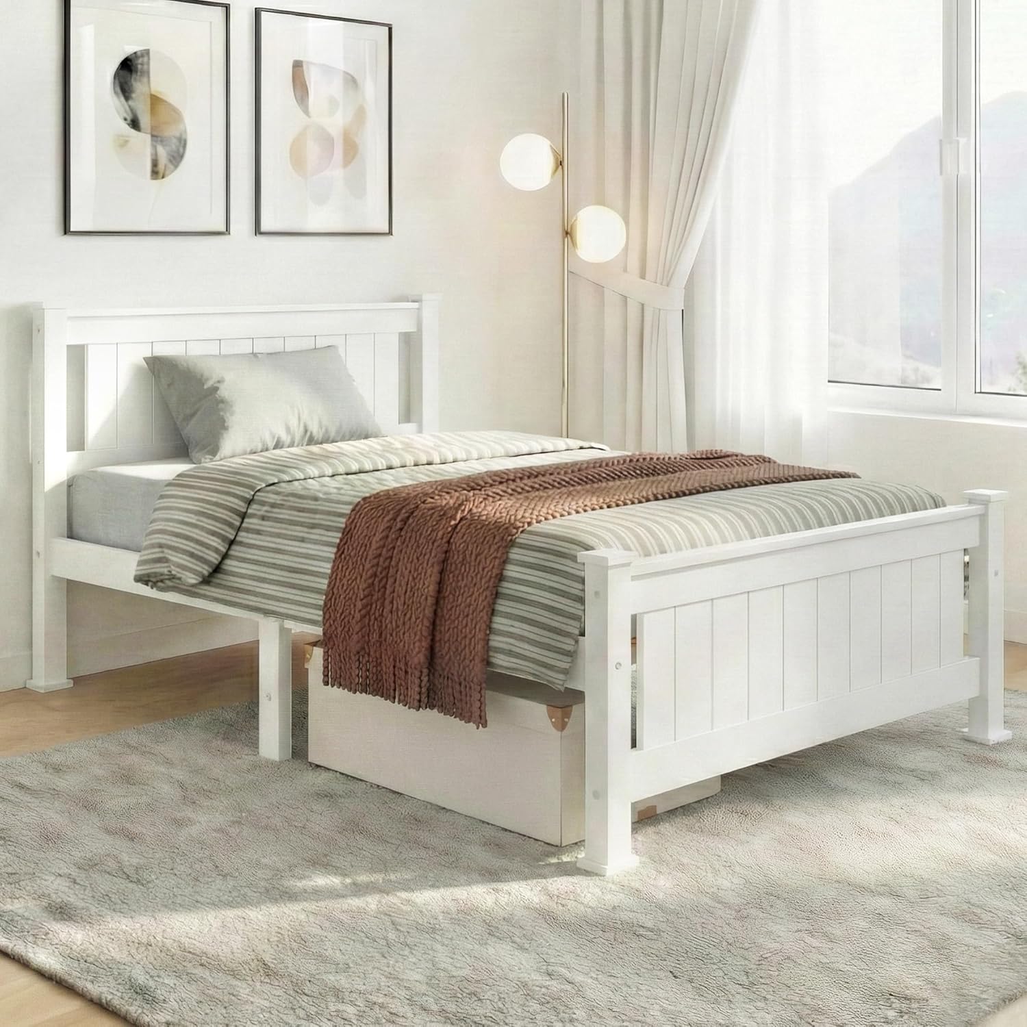 Artiss King Single Bed Frame Platform Wooden Timber Frames Beds Base Bedroom Room Decor Home Furniture White with Reinforced Bracket Support for Kids, Toddler and Adult, Modern Design
