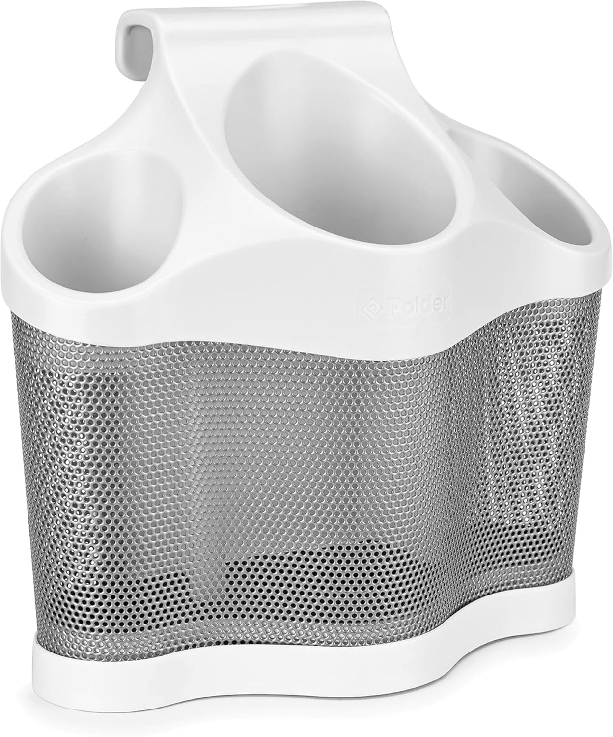 Polder Style Station, Organization for Styling Tools: Hair Dryers,Curling Irons, Straighteners, Brushes, Hang Over Towel Rack, Store Undersink or in Drawer, White and Silver