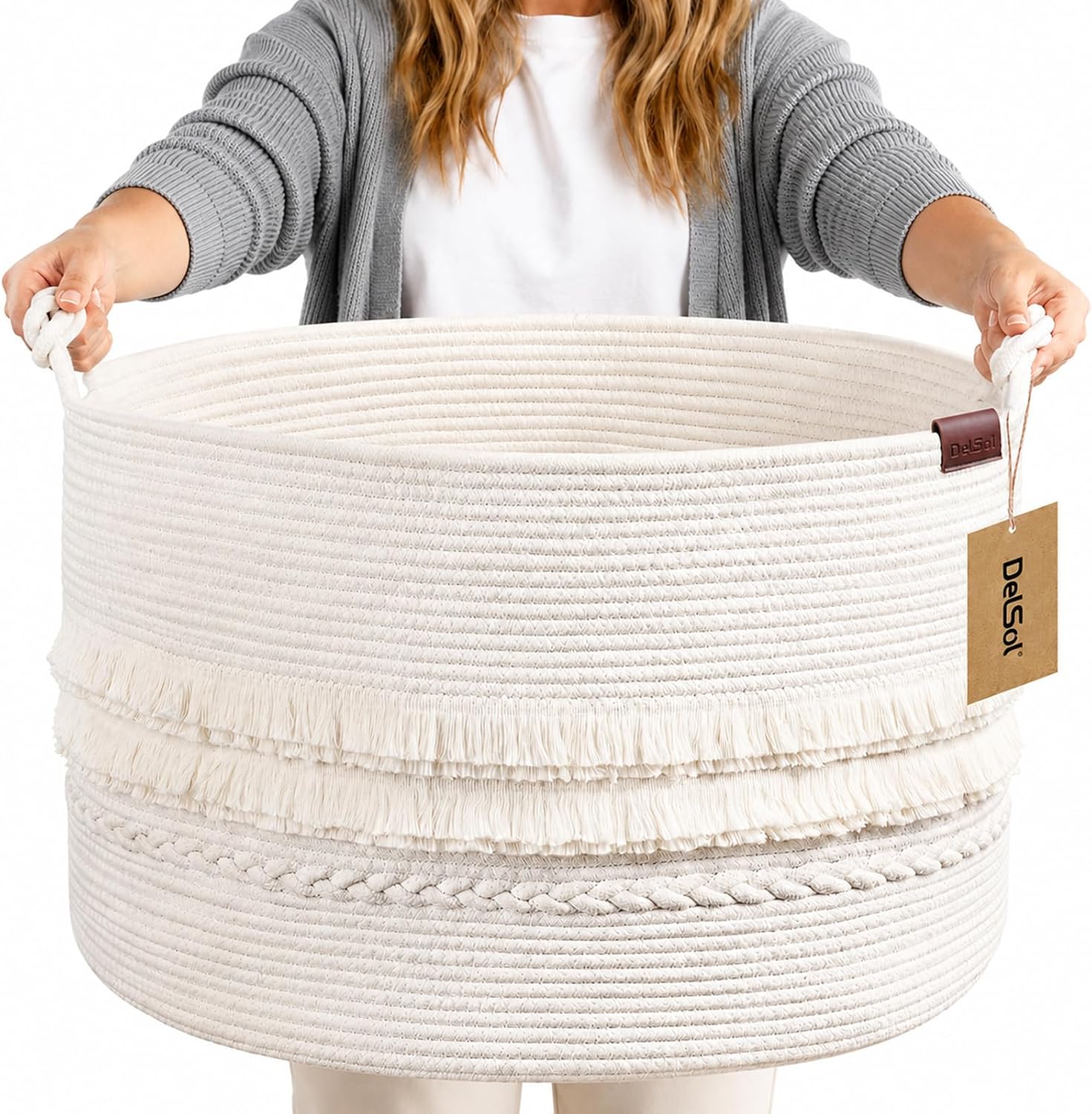 DelSol 115L Extra Large Blanket Basket with Handles, Cotton Rope Woven Storage Basket Laundry Hamper for Living Room Bedroom Nursery Pillows Clothes Towel Toy Organizer Home Decor 56x56x36cm