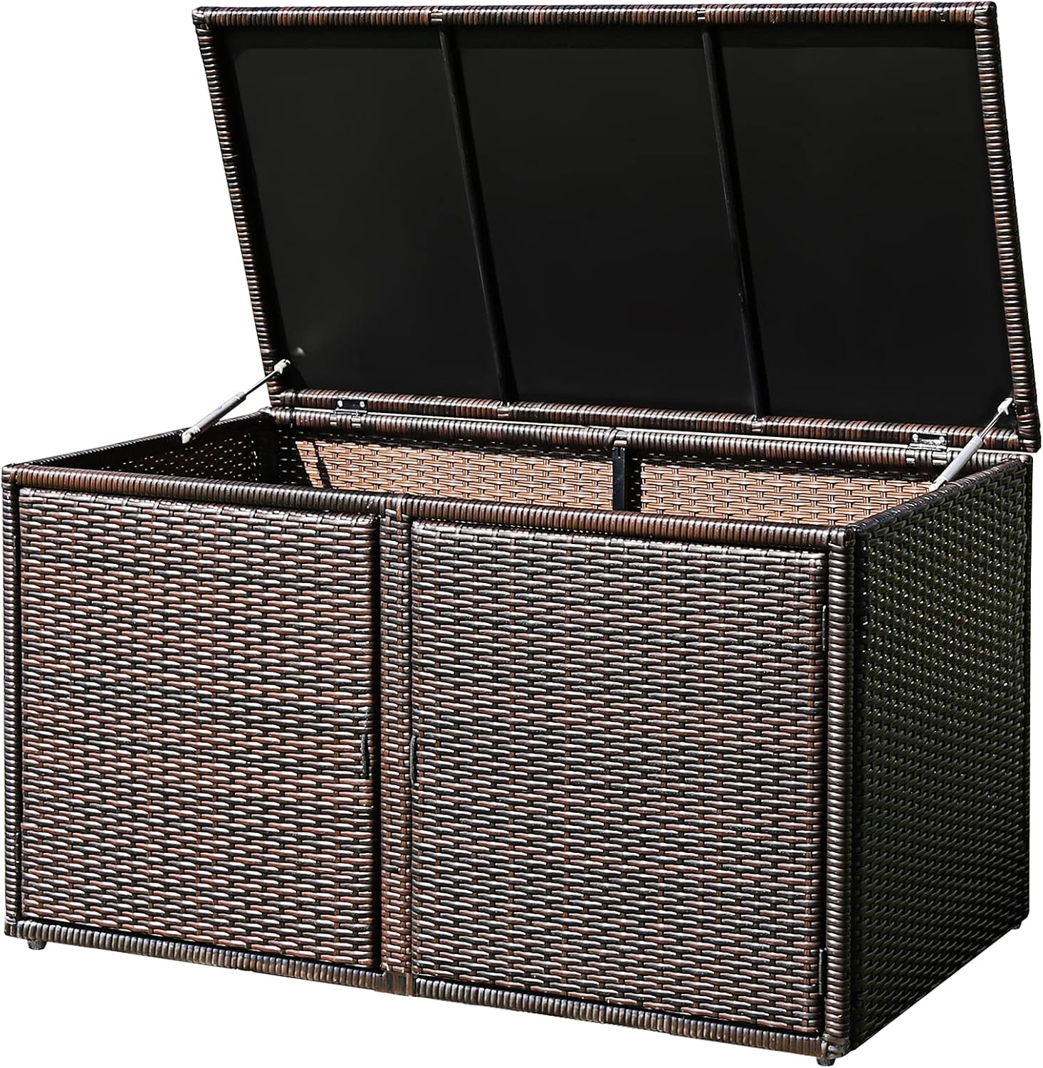 Costway Indoor Outdoor Storage Box, 330L Garden Deck Box with 2 Storage Shelves, Cover and Doors, Weather-Resistant Storage Cabinet with Steel Frame for Gardening Tools, Accessories and Toys (Brown)
