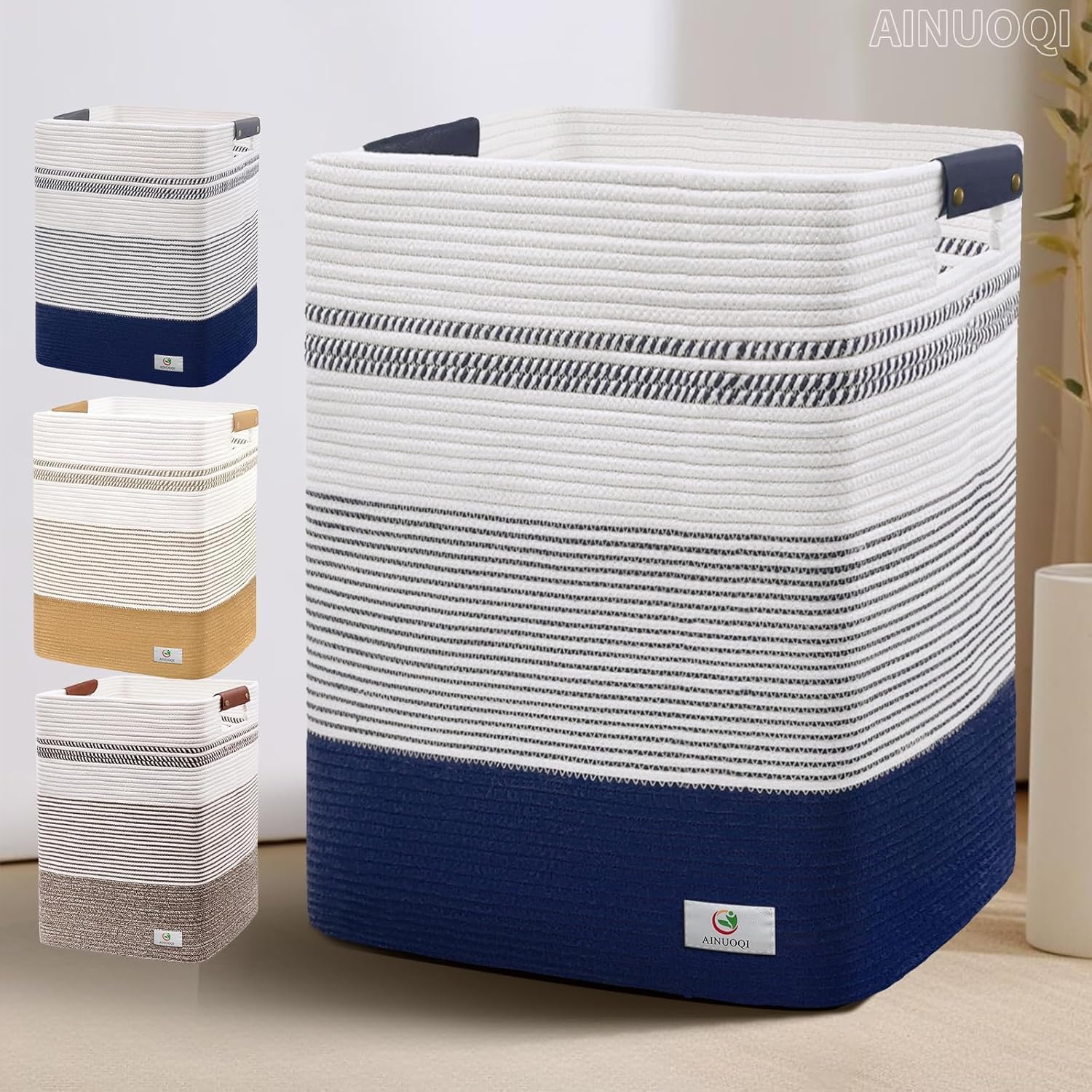 Laundry Hamper Large Laundry Basket with Leather Handles, Decorative Storage Cotton Rope Woven Basket for Blankets, Clothes Hamper for Living Room, Jute & White, 85L (blue)