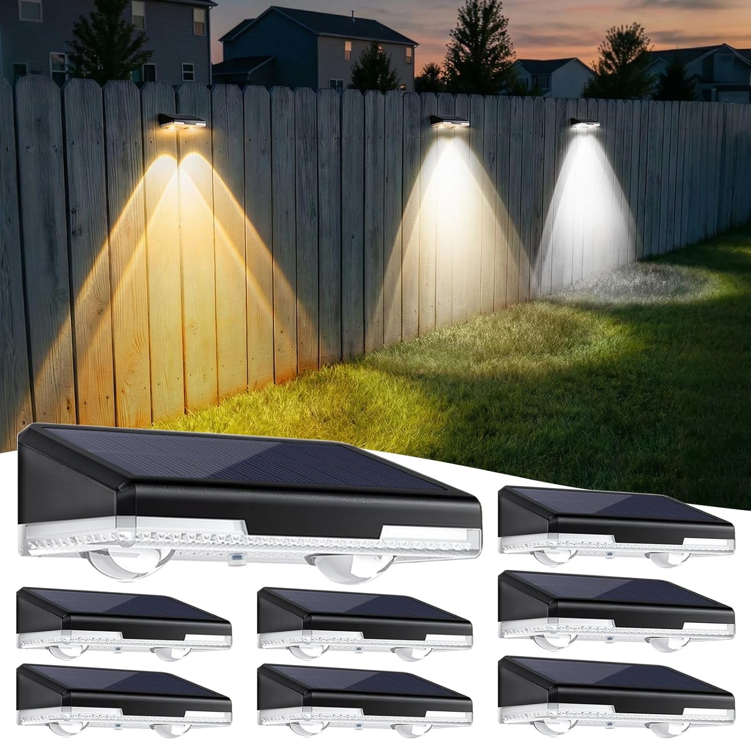 Solar Fence Lights Outdoor Garden, 3000K/4000K/6000K 3 Mode, Solar Wall Lights Outdoor Waterproof, Solar Lights for Outside Backyard/Railing/Step/Patio/Deck/Stair, 8 Pack