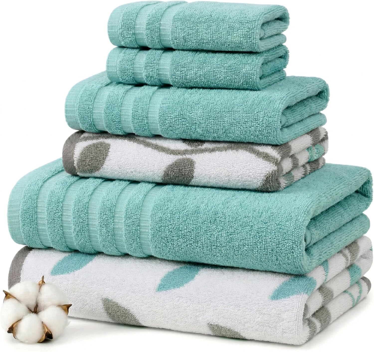 Amrapur Overseas 6-Piece Yarn Dyed Organic Vines Jacquard/Solid Ultra Soft 500GSM 100% Combed Cotton Towel Set [Aqua]