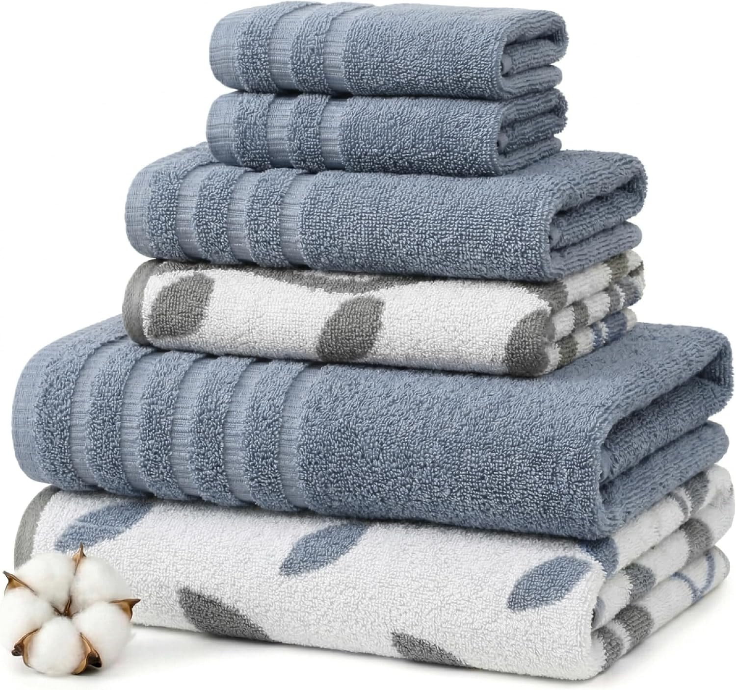 Amrapur Overseas 6-Piece Yarn Dyed Organic Vines Jacquard/Solid Ultra Soft 500GSM 100% Combed Cotton Towel Set [Blue]