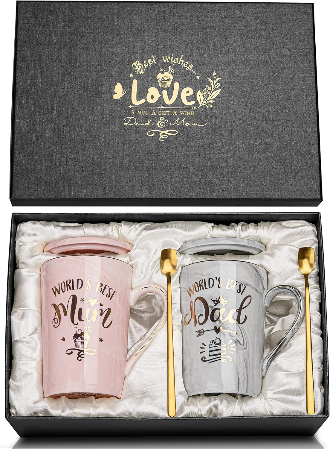 Mum and Dad Coffee Mugs Set - Gifts for Pregnancy Announcement - 14oz Funny Ceramic Couples Mugs - New Parent Gift, Anniversary Birthday, Marble Cup with Lid Spoon Greeting Card Boxed (Pink & Gray)