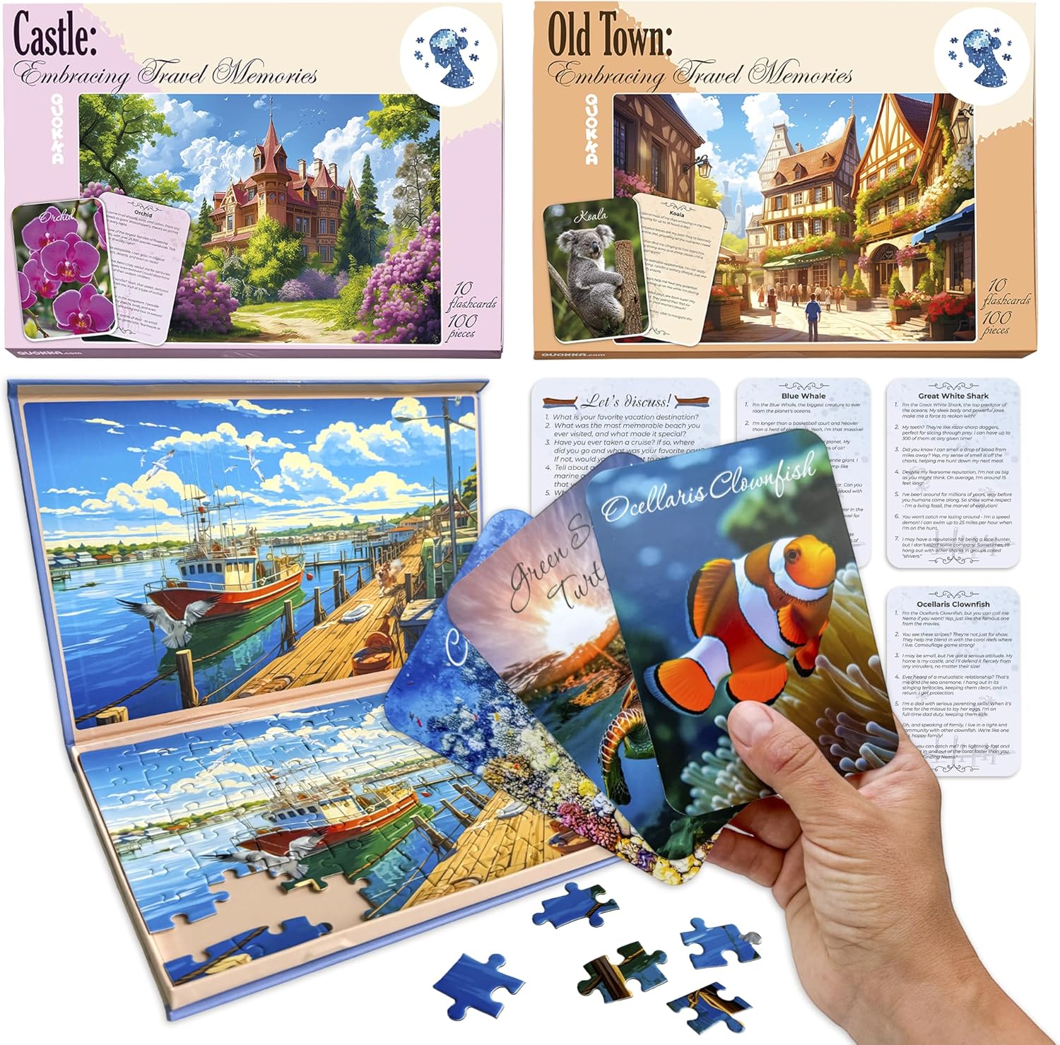 QUOKKA 100 Pieces Dementia Puzzles for Elderly - Large Piece Activities Products for Seniors - 3 Alzheimers Jigsaw Puzzle Games for Adults Embracing Travel Memories - Cognitive Gifts for Men and Women