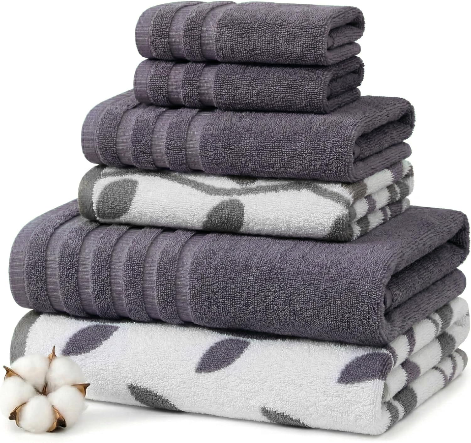 Modern Threads Amrapur Overseas 6-Piece Yarn Dyed Organic Vines Jacquard/Solid Ultra Soft 500GSM 100% Combed Cotton Towel Set [Grey Lavender]