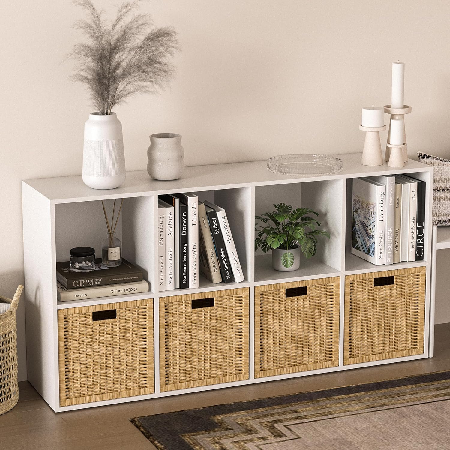Wooden Bookshelf,8 Cube Storage Organizer,Bookcase with Closed Back Panel,White Cube Shelf Cubby Storage Organizer with Compartments,Storage Organizers Easy to Install (White, 8 Cube)