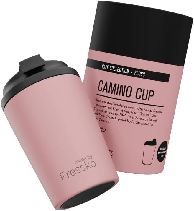 made by Fressko Reusable Coffee Cup (340 ml) - Double-Wall Insulated Stainless Steel Travel Mug - BPA-Free & Leak-Proof Cup with Lid for Hot Drinks, Iced Coffee & Cold Brew - Floss (Pink)
