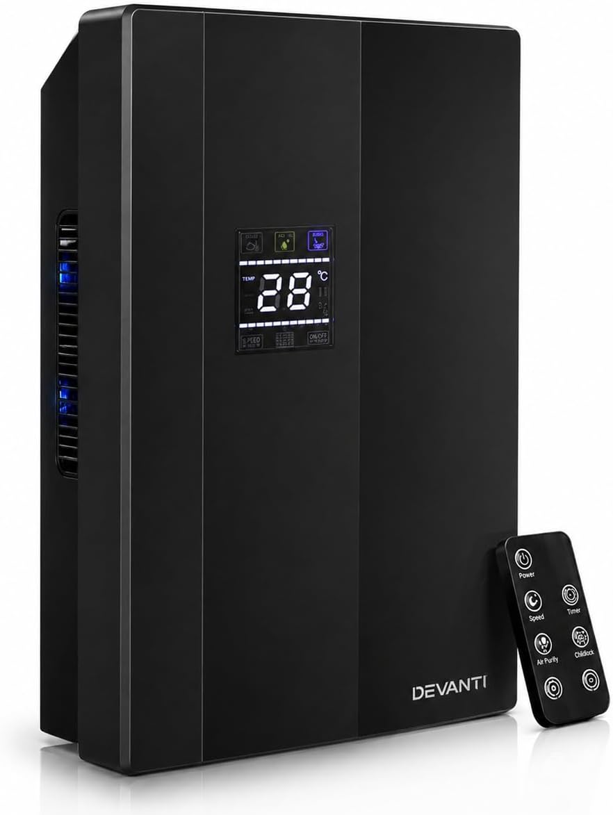 Devanti 2L/Day Dehumidifier Portable Air Purifier Black | Purifiers Ausclimate Dehumidifiers Humidity Absorbers Dryer 2 In 1 for The Home Bedroom Bathroom Kitchen LCD Display Screen
