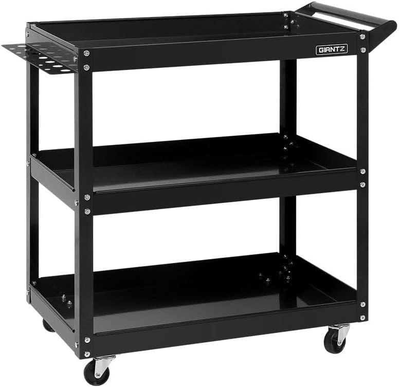 Giantz 3 Tier Steel Tool Trolley 150kg Garage and Workshop Storage Black | Tool Storage Trolley on Wheels, Mechanic Rolling Cart, Lockable Castors, Rust Resistant Warehouse Organiser, Easy Assembly