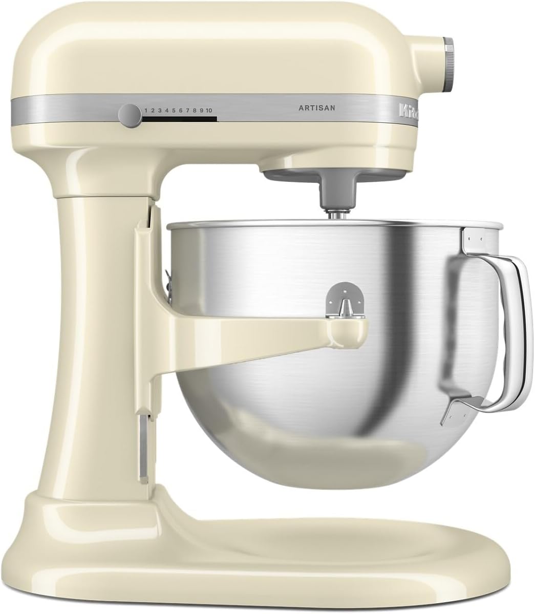 KitchenAid Almond Cream KSM70 375W 11 Speed 6.6L Stainless Steel Artisan Bowl-Lift Stand Mixer, Whisk, Flex Edge Beater, Flat Beater, Dough Hook, Pouring Shield