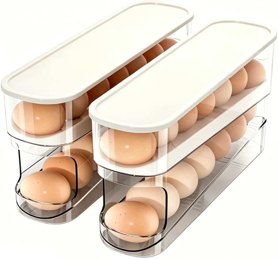 2pcs Egg Holder Boxes, Rolling Egg Container, Stackable Fridge Organizer, Clear Plastic Egg Dispenser, for Refrigerator