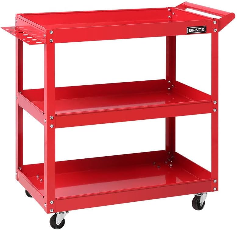 Giantz 3 Tier Steel Tool Trolley 150kg Garage and Workshop Storage Red | Tool Storage Trolley on Wheels, Mechanic Rolling Cart, Lockable Castors, Rust Resistant Warehouse Organiser, Easy Assembly