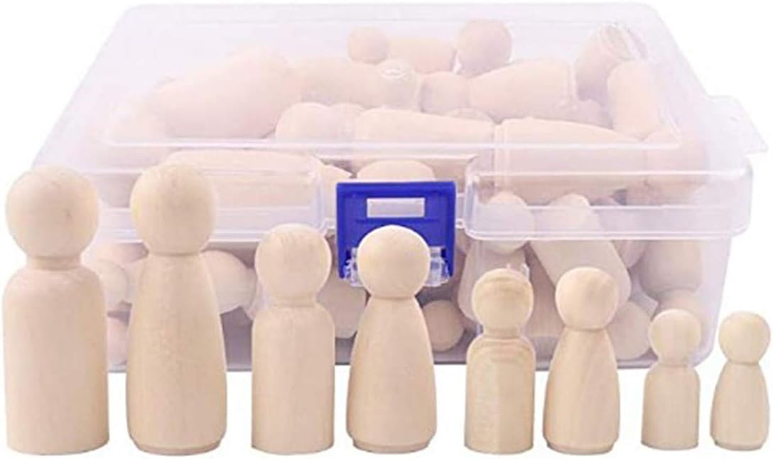 50PCS Wooden Peg Dolls Unfinished People - Decorative Doll Bodies Wooden Figures Great for DIY Painting, Art & Craft Projects, Decoration - Different Sizes, with Storage Case