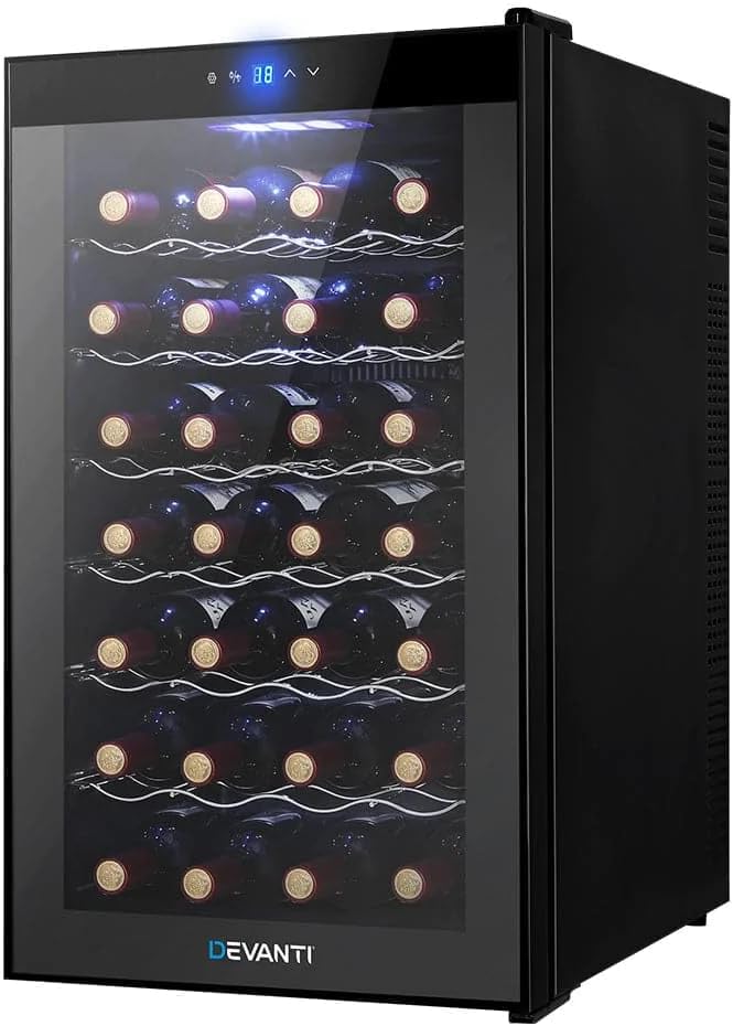 Devanti Wine Cooler Mini Fridge Organiser Beverage Fridges 28 Bottles | Cellar Coolers Bucket Beverage Chiller for Drink Dispenser Soda, Thermoelectric Fridges Glass Display Door Quiet Operation