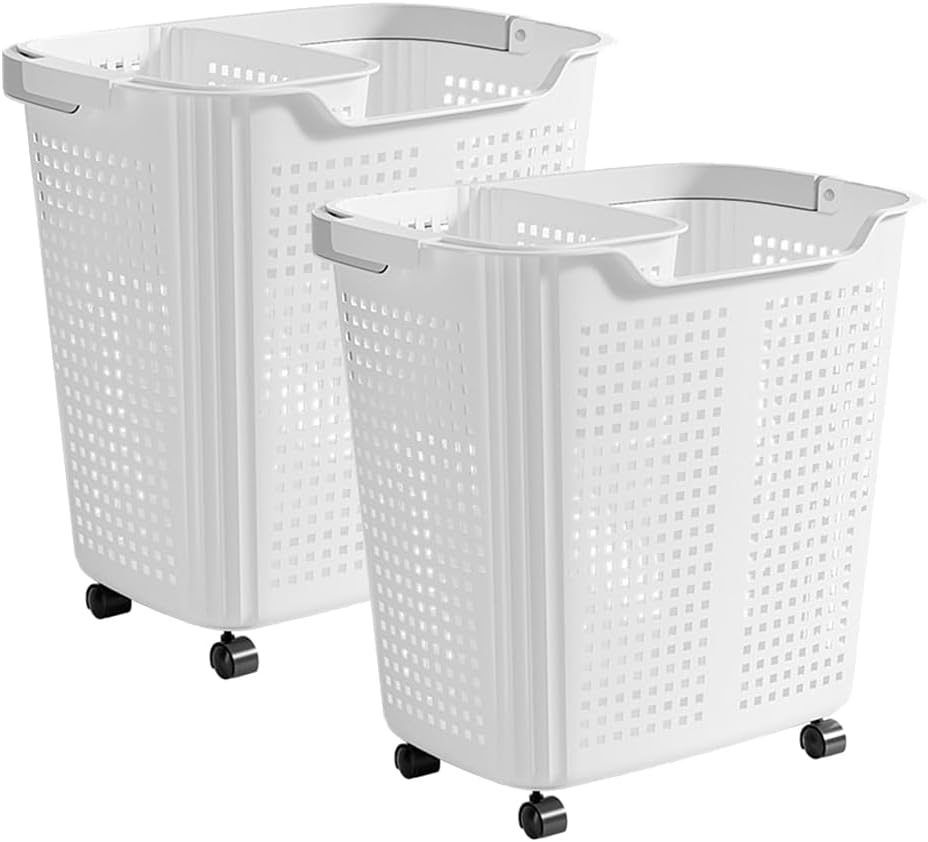 2 Pack Plastic Laundry Baskets, Laundry Hamper with Hanging Basket, Small Portable Storage Organizer, Dirty Clothes Basket with Handles for Daily Laundry Loads, Clothes, Towels, Or Linens