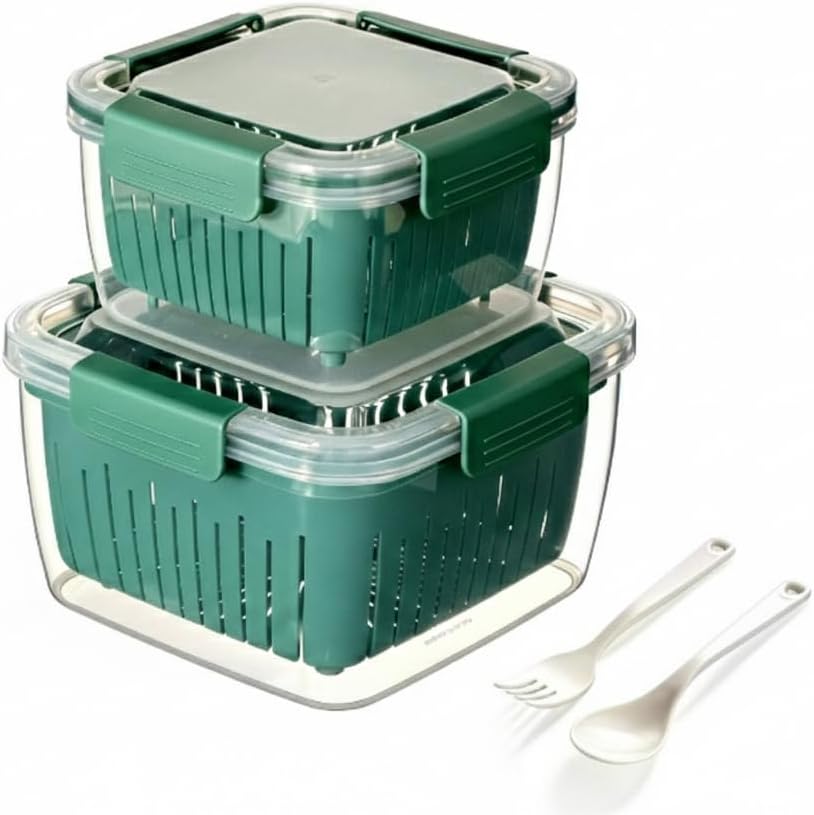 2 PCS Berry Container for Fridge with Drain Basket, Produce Storage Containers for Fruit & Vegetables, Stackable Fridge Organiser Set (3.7L & 1.7L) with Fork & Spoon, Leakproof BPA Free Meal Prep Box