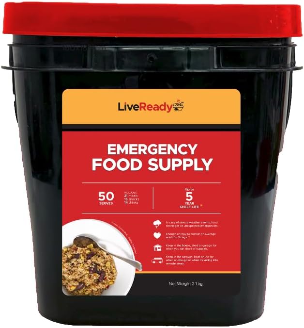 Emergency Food Supply by LiveReady. A 50 Serve survival food kit including 21 Meals, 15 Snacks & 14 Drinks. 5 Year Shelf Life