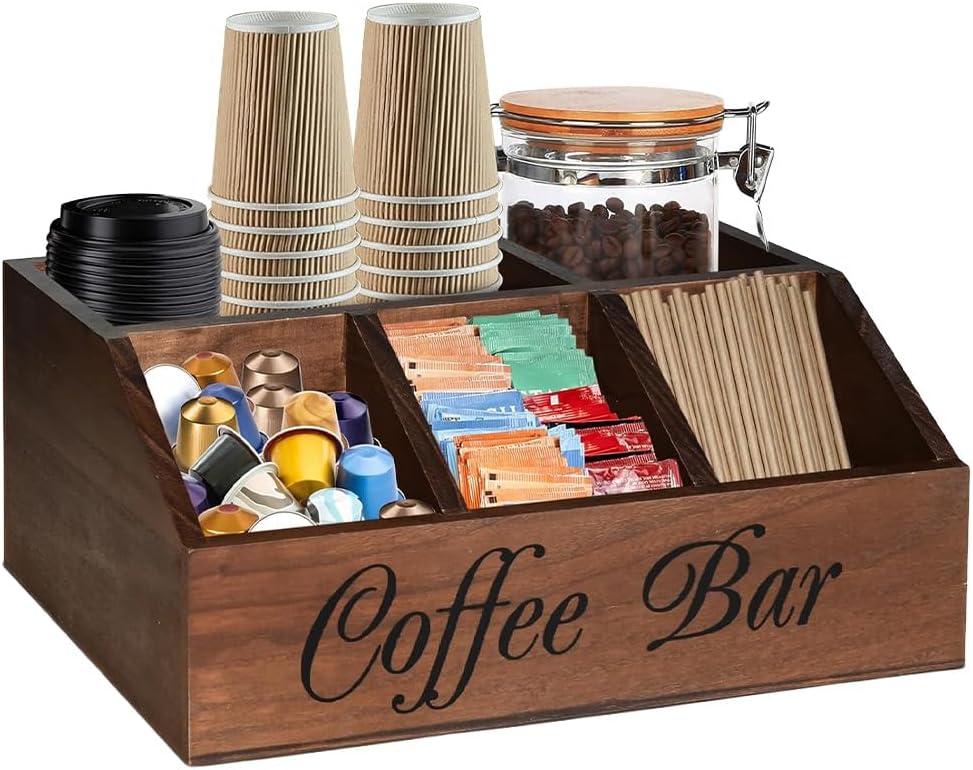 Coffee Station Organizer, Condiment Storage Caddy, Coffee Bar Accessories, Wood Coffee Pods Holder, Countertop Organizer, for Home, Office and Kitchen