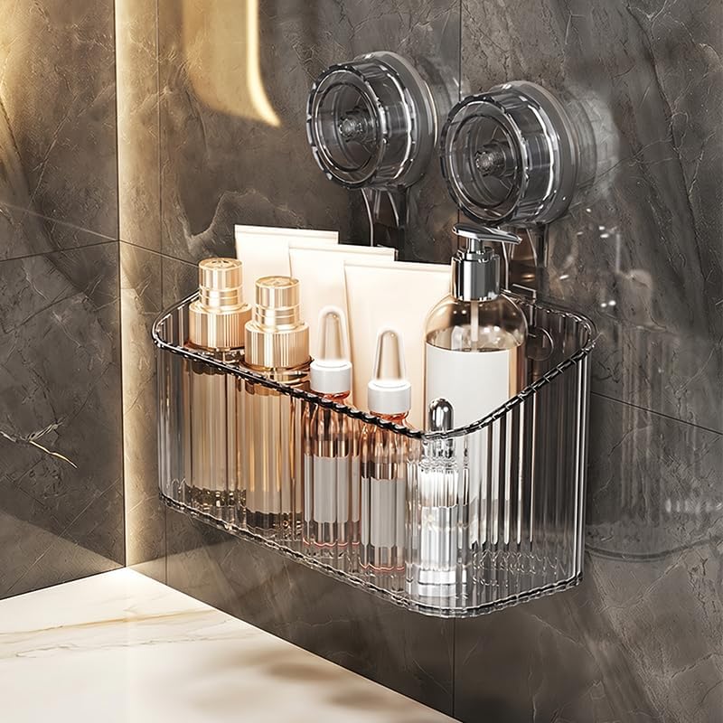 Suction Cup Shelf, No-Drill Bathroom Storage Rack Shower Caddy, Wall Mounted Space Saving Organizer for Toiletries and Essentials Suitable for Showers & Tiled Walls, Bathroom Organizers and Storage