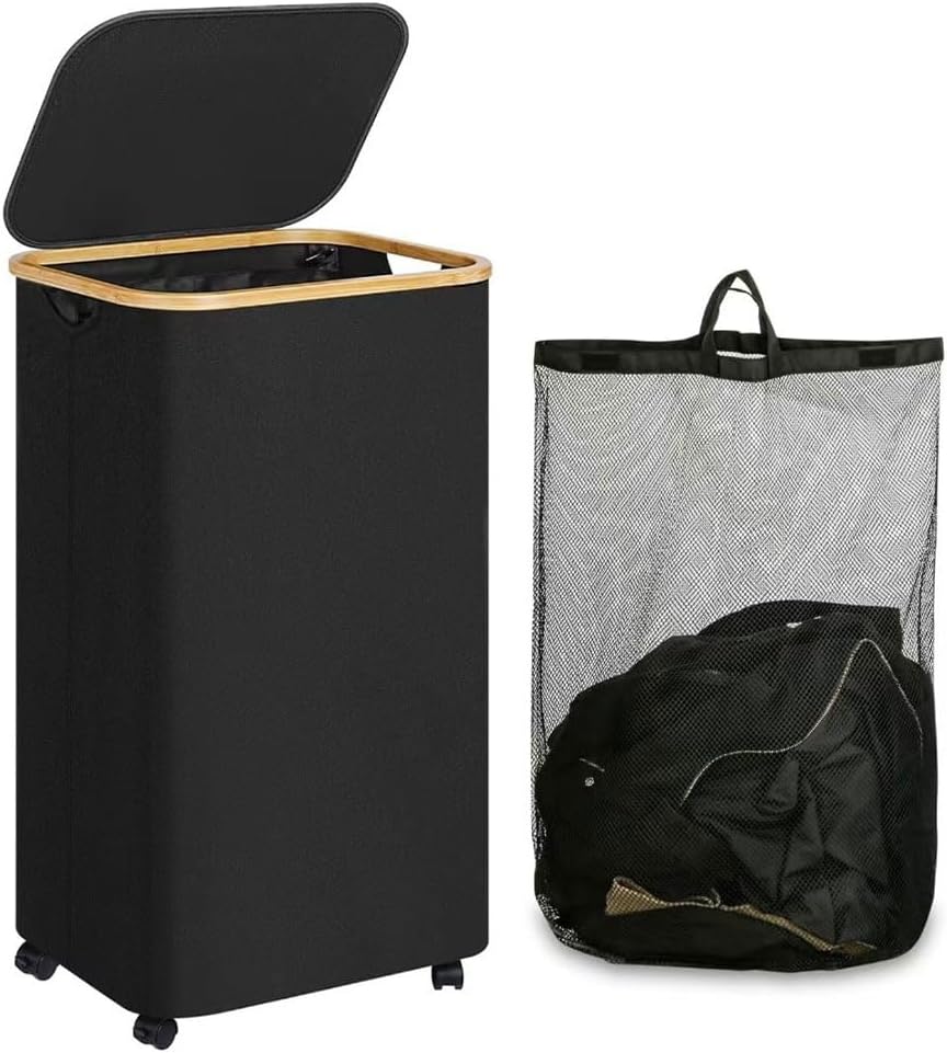 Laundry Basket with Wheels & Lid, 65L Collapsible Large Clothes Hamper, Narrow Hampers with Bamboo Handle and Removable Washable Inner Bag for Laundry Room, Bathroom, Bedroom, Dorm Black