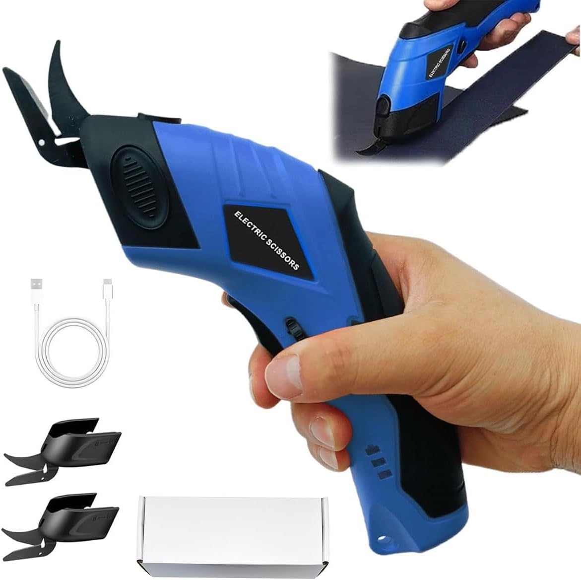 Cordless Electric Scissors, USB Rechargeable Fabric Cutting Scissors with 2 Tungsten Steel Blades, Safety Lock & Storage Box, Multi Material Portable Cutting Tool for Cardboard Carpet Leather Plastic