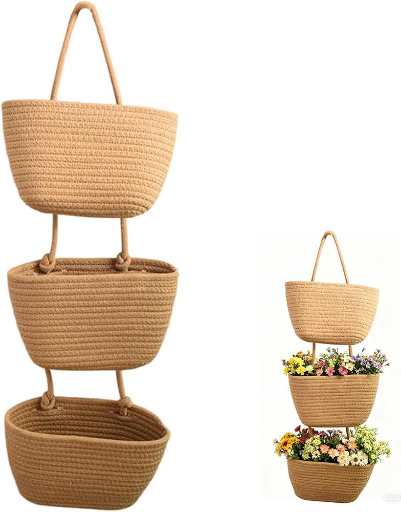 3-Tier Hanging Storage, Woven Cotton Rope Storage | Over-the-Door Hanging Basket Organizer, Wall-Mounted Bedroom Organizer for Living Room, Bathroom, and Home Décor, Brown