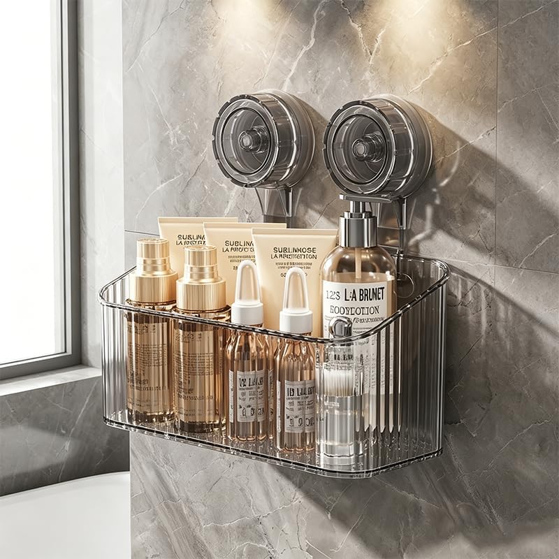 Shower Caddy Suction Cup, No-Drill Bathroom Organizer, Large Capacity Wall Mounted Shelf for Toiletries and Shower Essentials, Space Saving Storage for Tiled Walls and Glass