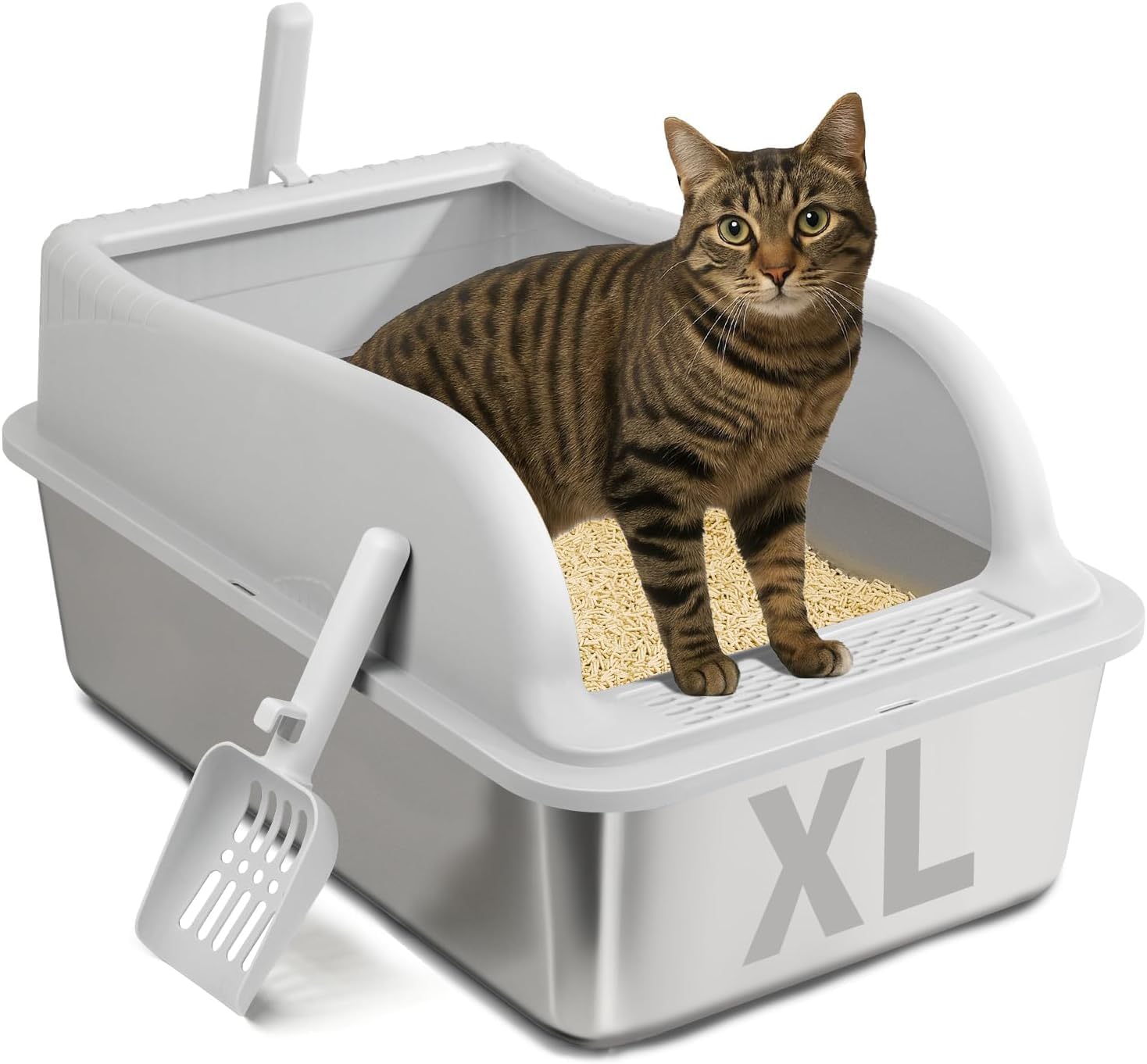 Enclosed Stainless Steel Litter Boxes with Lid & High Sides | Metal Litter Box for Kittens to Senior Cats, Easy-Clean Non-Stick, Odor-Free Anti-Leakage,Includes Scoop