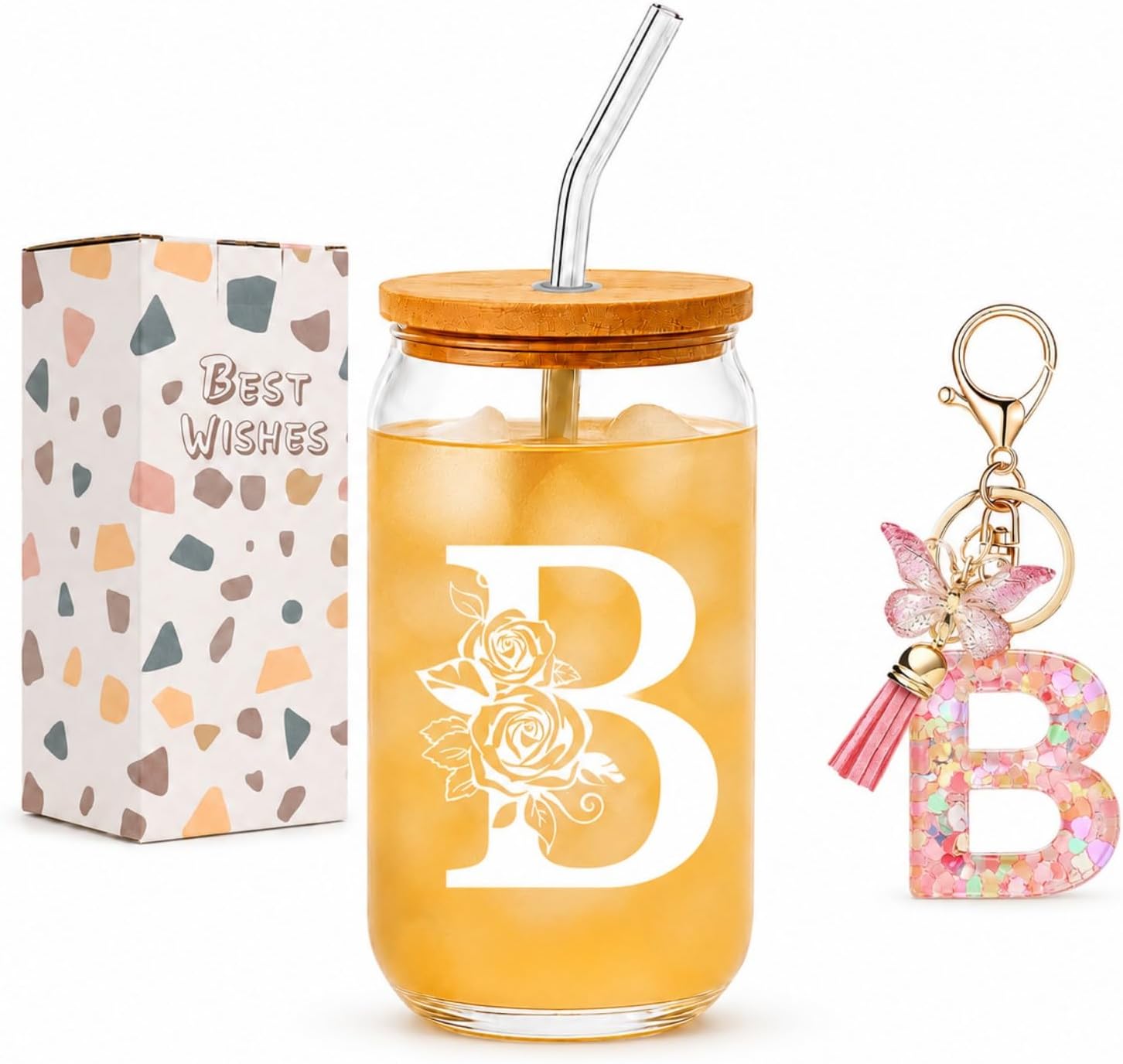 Gifts for Women, Personalised Initial Gift Set, 16oz Glass Cup with Lid and Straw, Matching Initial Keychain, Birthday Gifts for Women, Christmas Stocking Filler for Her, Letter B