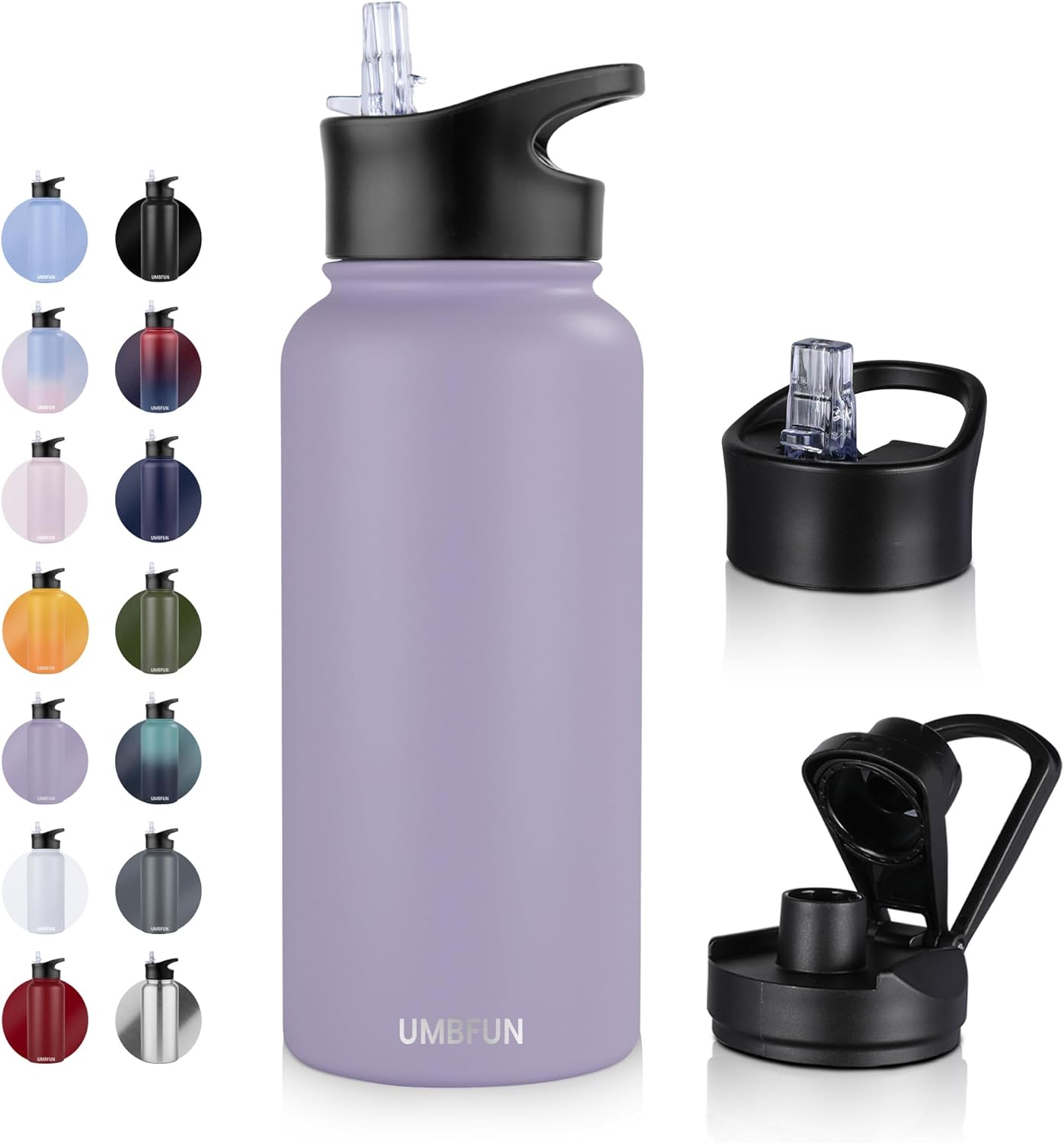 1L Insulated Water Bottle（Straw Lid and Spout Lid） with Straw, Leak Proof Vacuum Double Walled Travel Cup Thermo Bottle Mug Drink Flasks,Stainless Steel Drinking Bottle