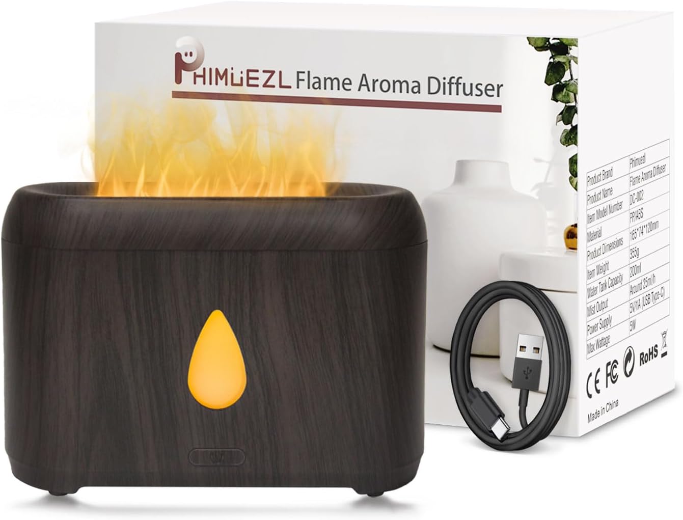 Flame Diffuser for Essential Oils, 200ml Ultrasonic Aroma Diffusers with Cool Mist, Aromatherapy Diffuser with Auto-Off Protection, Small Humidifier for Home,Office,Bedroom,Gift (Dark Wooden Grain)