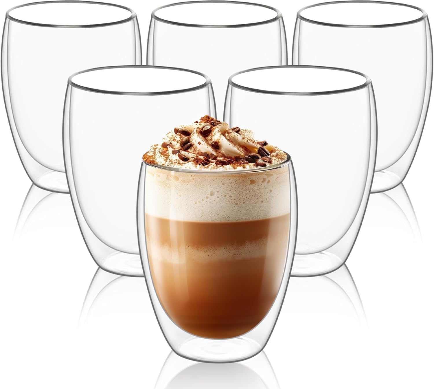 Premium Double Walled Glass Coffee Cups (Set of 6), 350ml Insulated Thermal Mugs for Hot/Cold Drinks - Ergonomic Design, Perfect for Coffee Lovers & Tea Enthusiasts (6pcs Clear Coffee Cup)