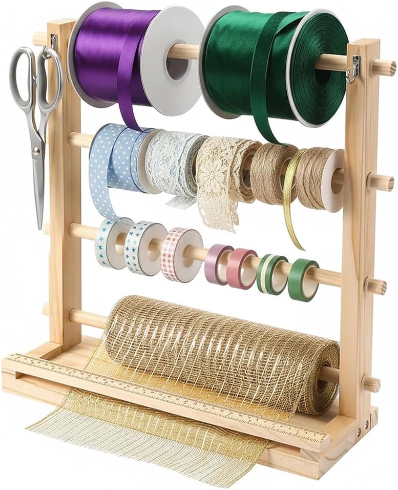 Wooden Ribbon Organizer 4-Tier Spool Display Rack | 4-Tier Tiered Display, Wooden Spool Holder, Craft Room Organizer, Easy Ribbon Access