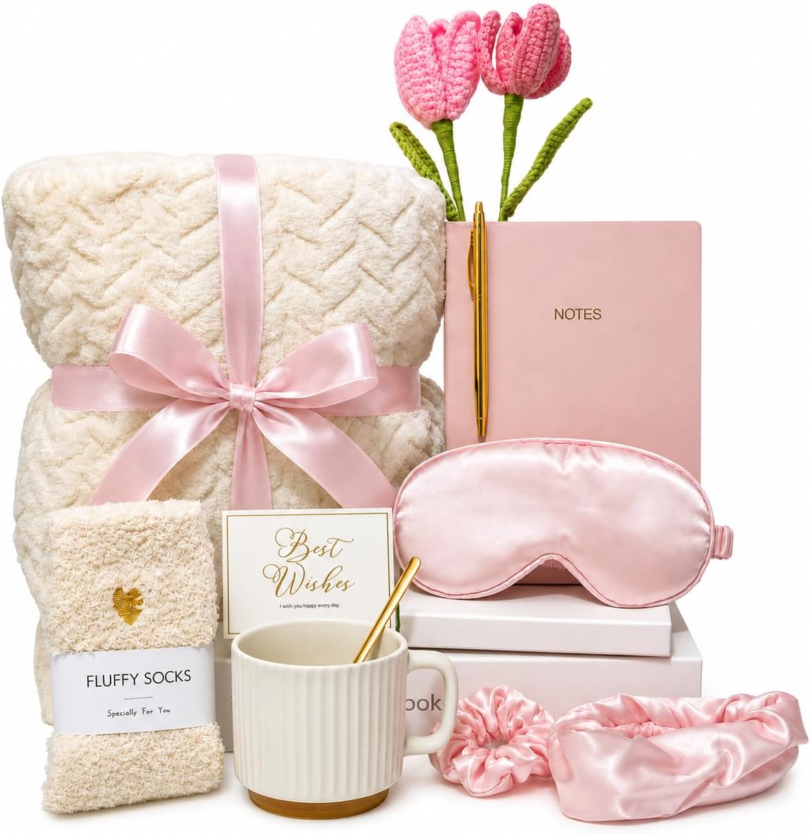 Birthday Gifts for Women, 12 Pcs Gift Box - Cozy Blanket, Mug, A5 Notebook, Tulips & Self Care Accessories for Her