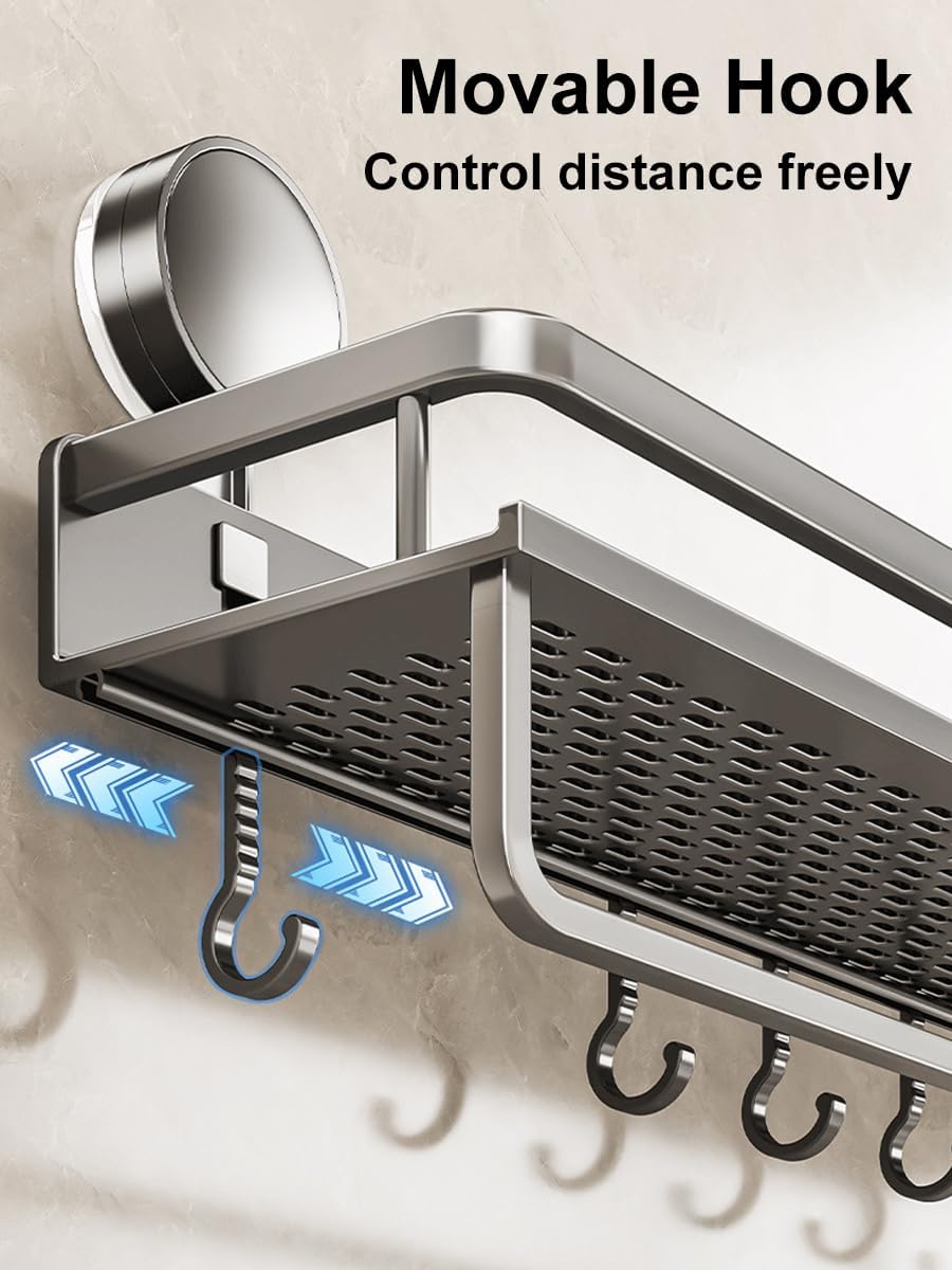 Shower Caddy Suction Cup, Strong Grip Bathroom Storage Organizer, No Drilling Required Removable Shower Shelf with High Guardrail, Rustproof Bathroom Organizer for Apartment Essentials, Gray
