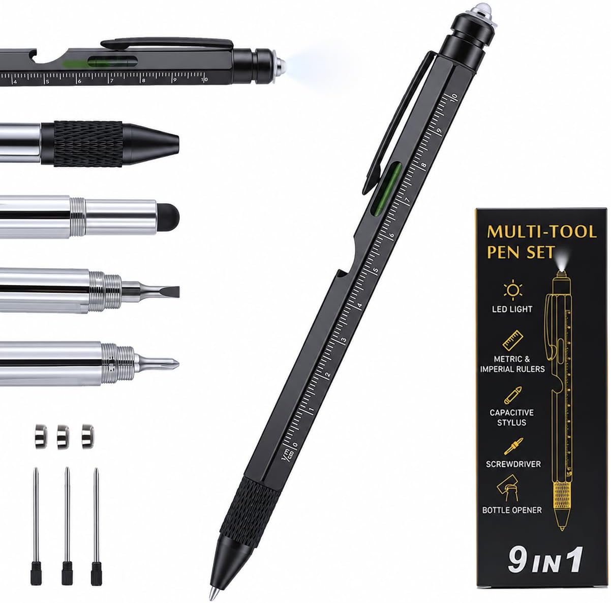 9-in-1 Multitool Pen with LED Light and Screwdrivers | 9 tools in one compact pen for writing, measuring, levelling, touchscreens, quick fixes and everyday carry.