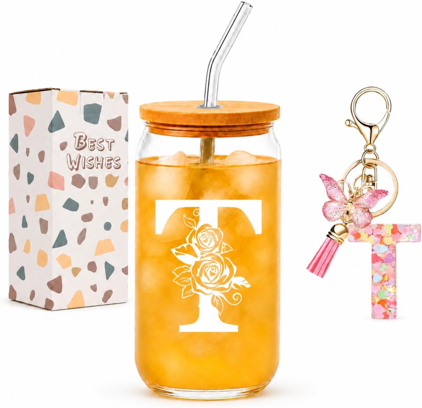Gifts for Women, Personalised Initial Gift Set, 16oz Glass Cup with Lid and Straw, Matching Initial Keychain, Teacher Gifts, Appreciation Present for School Staff, Letter T