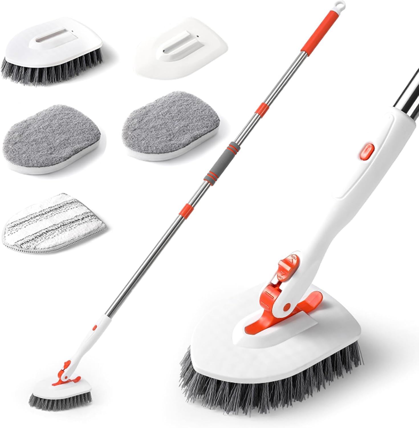 Floor Scrub Brush, 3In1 Adjustable Scrub Cleaning Brush with Long Handle | 52Inch with 1 Stiff Bristles,1microfiber pad and 2 Sponge Brush, for Cleaning Bathroom Shower Bathtub Glass Tile Floor