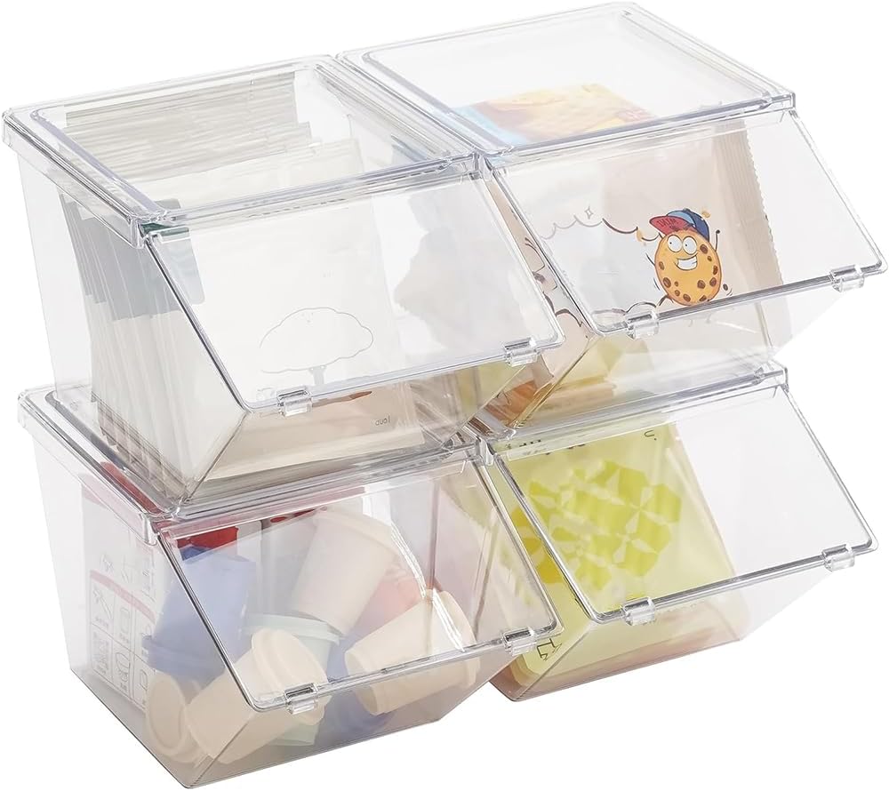 Large Stackable Pantry Storage Organizer Bins Set of 4, Transparent Plastic Storage Box with Lid, Multi-Functional Desktop Organizer, Suitable for Kitchens, Offices, Pantry, Cabinets, Etc